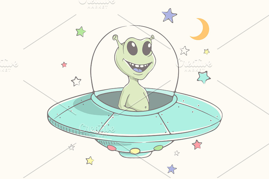 Cute alien flies in flying saucer in Illustrations - product preview 8