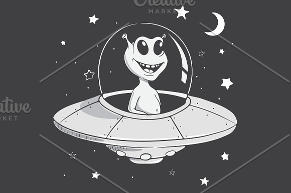 Cute alien flies in flying saucer in Illustrations - product preview 1