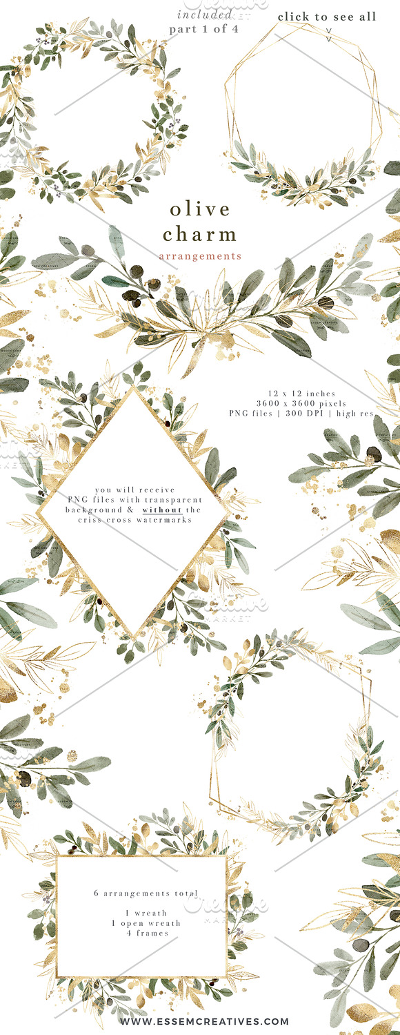 Watercolor Olive Branch Clipart Gold in Illustrations - product preview 3