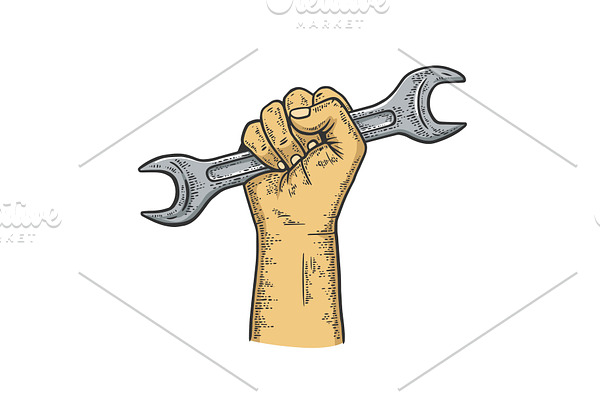 Wrench in fist sketch vector