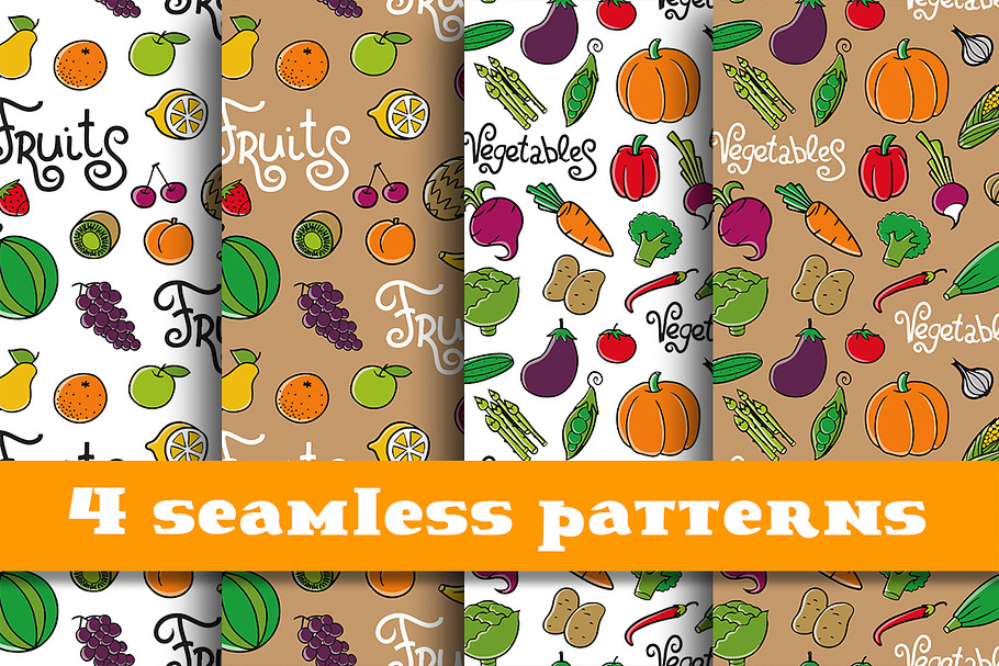 4  patterns with vegetables & fruits
