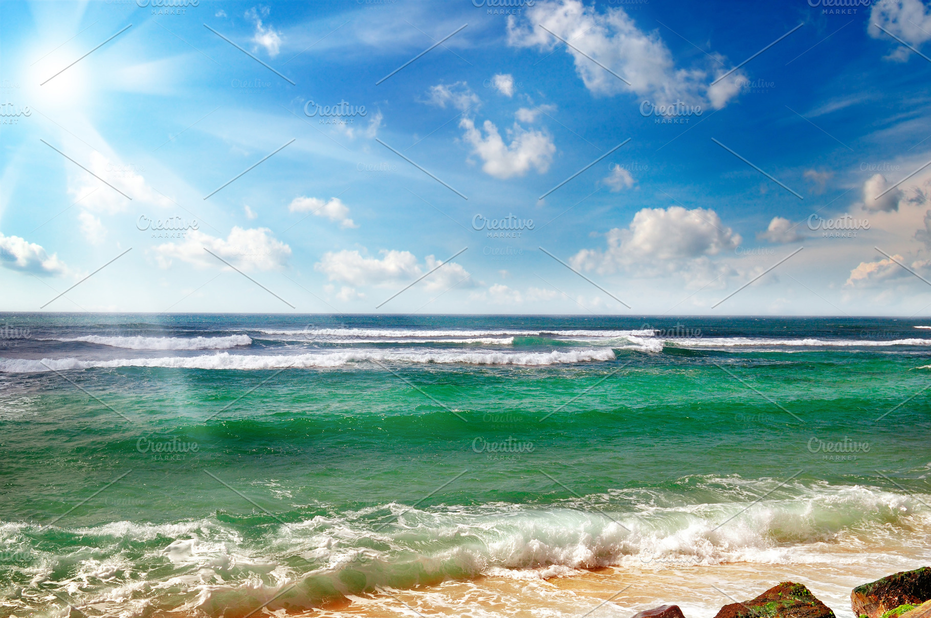Sun Shines Over Ocean Waves Beach High Quality Nature Stock