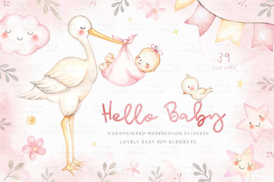 Hello Baby Pink Watercolor Clip Arts