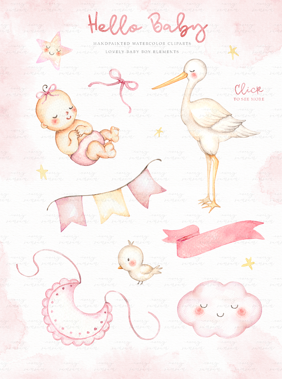 Hello Baby Pink Watercolor Clip Arts in Illustrations - product preview 1