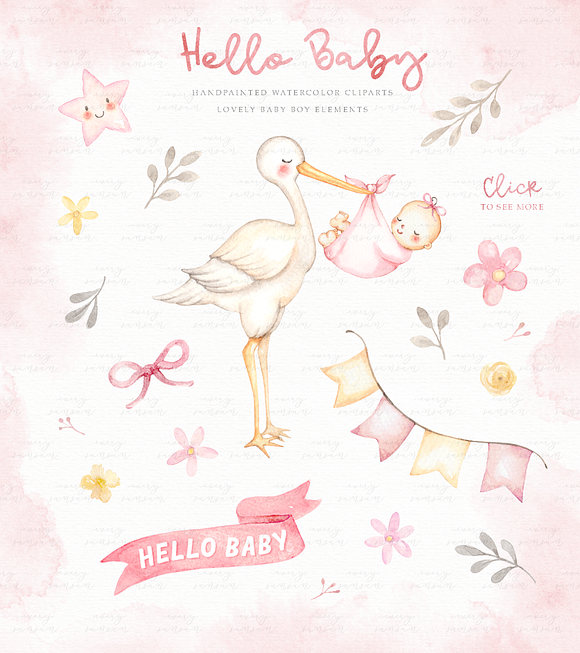Hello Baby Pink Watercolor Clip Arts in Illustrations - product preview 2