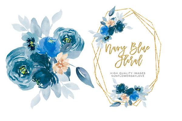 Navy Blue Watercolor Flowers Clipart