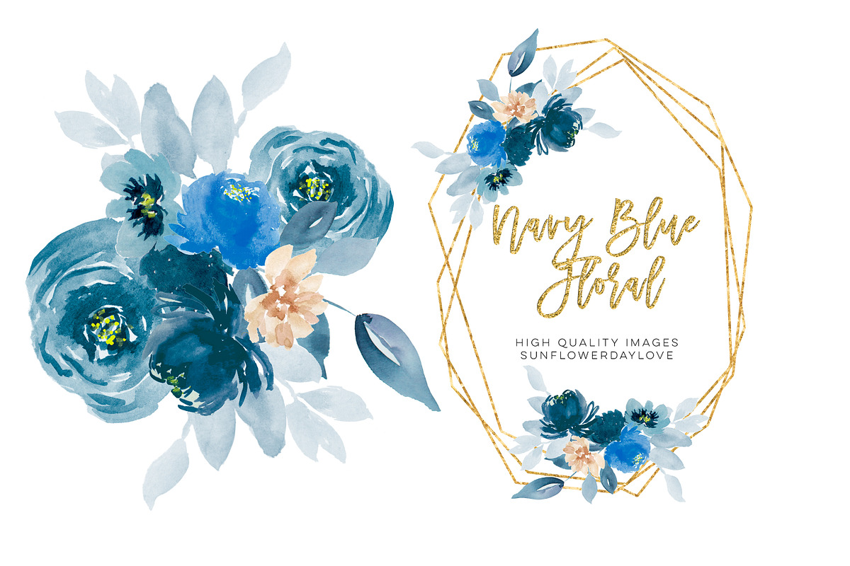 Navy Blue Watercolor Flowers Clipart in Illustrations - product preview 8
