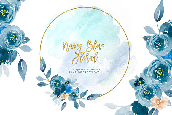 Navy Blue Watercolor Flowers Clipart in Illustrations - product preview 1