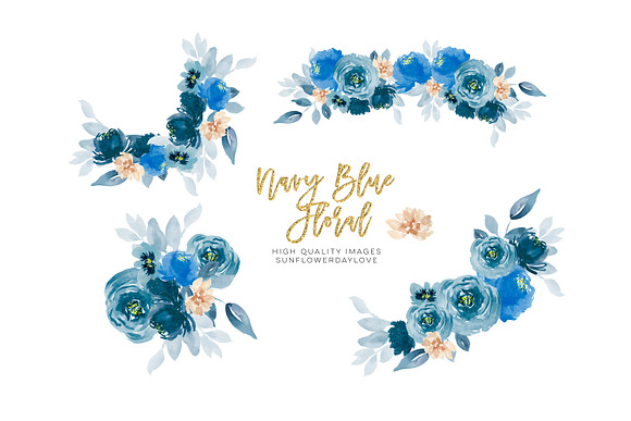 Navy Blue Watercolor Flowers Clipart in Illustrations - product preview 2