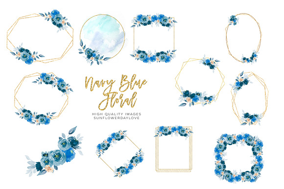Navy Blue Watercolor Flowers Clipart in Illustrations - product preview 3