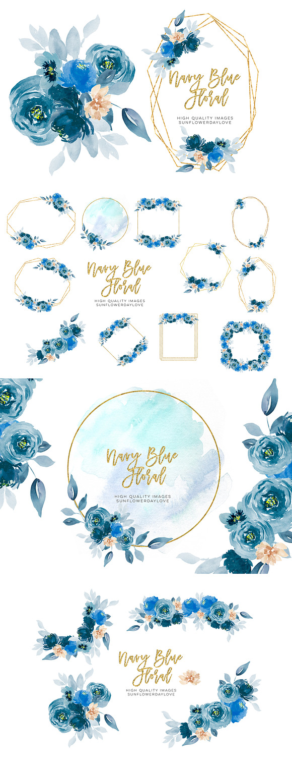 Navy Blue Watercolor Flowers Clipart in Illustrations - product preview 4