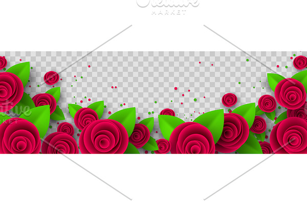 Vector red roses border with leaves