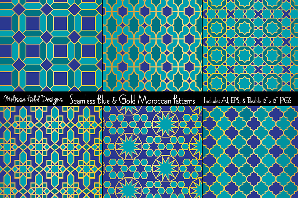 Seamless Blue Gold Moroccan Patterns in Patterns - product preview 1