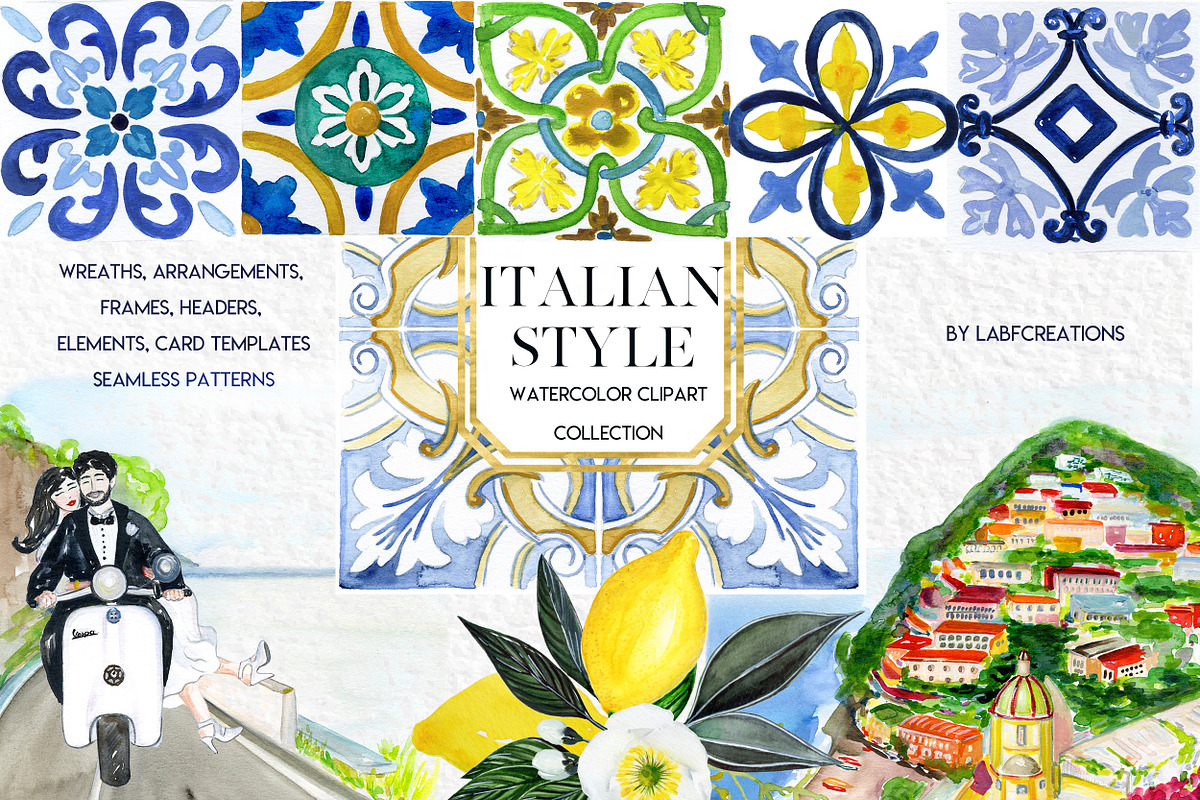 Italian Style. Watercolor tiles. in Illustrations - product preview 8