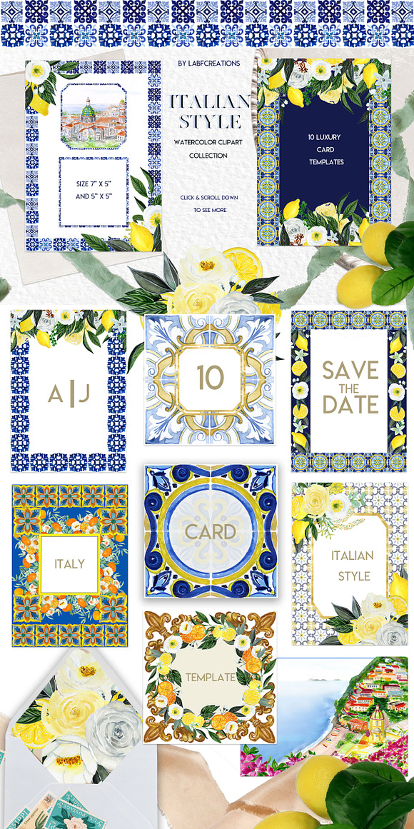 Italian Style. Watercolor tiles. in Illustrations - product preview 1