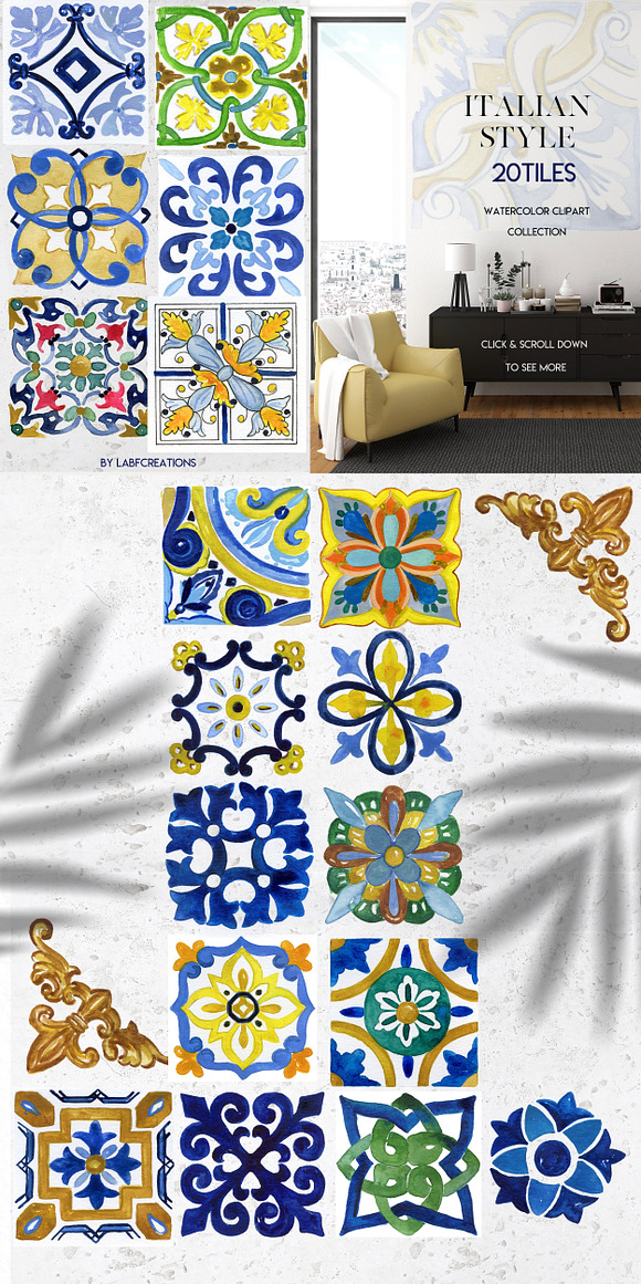 Italian Style. Watercolor tiles. in Illustrations - product preview 14