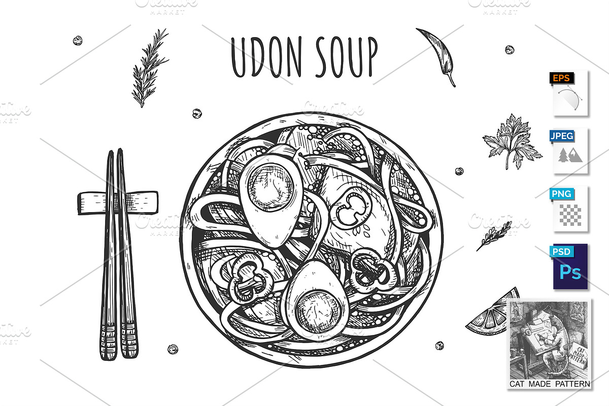 Oriental udon noodles ramen soup set in Illustrations - product preview 8