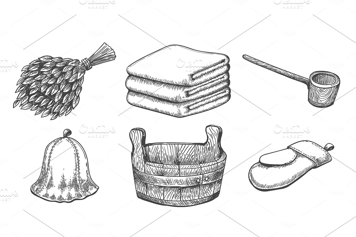 Vintage sketch sauna items in Objects - product preview 8