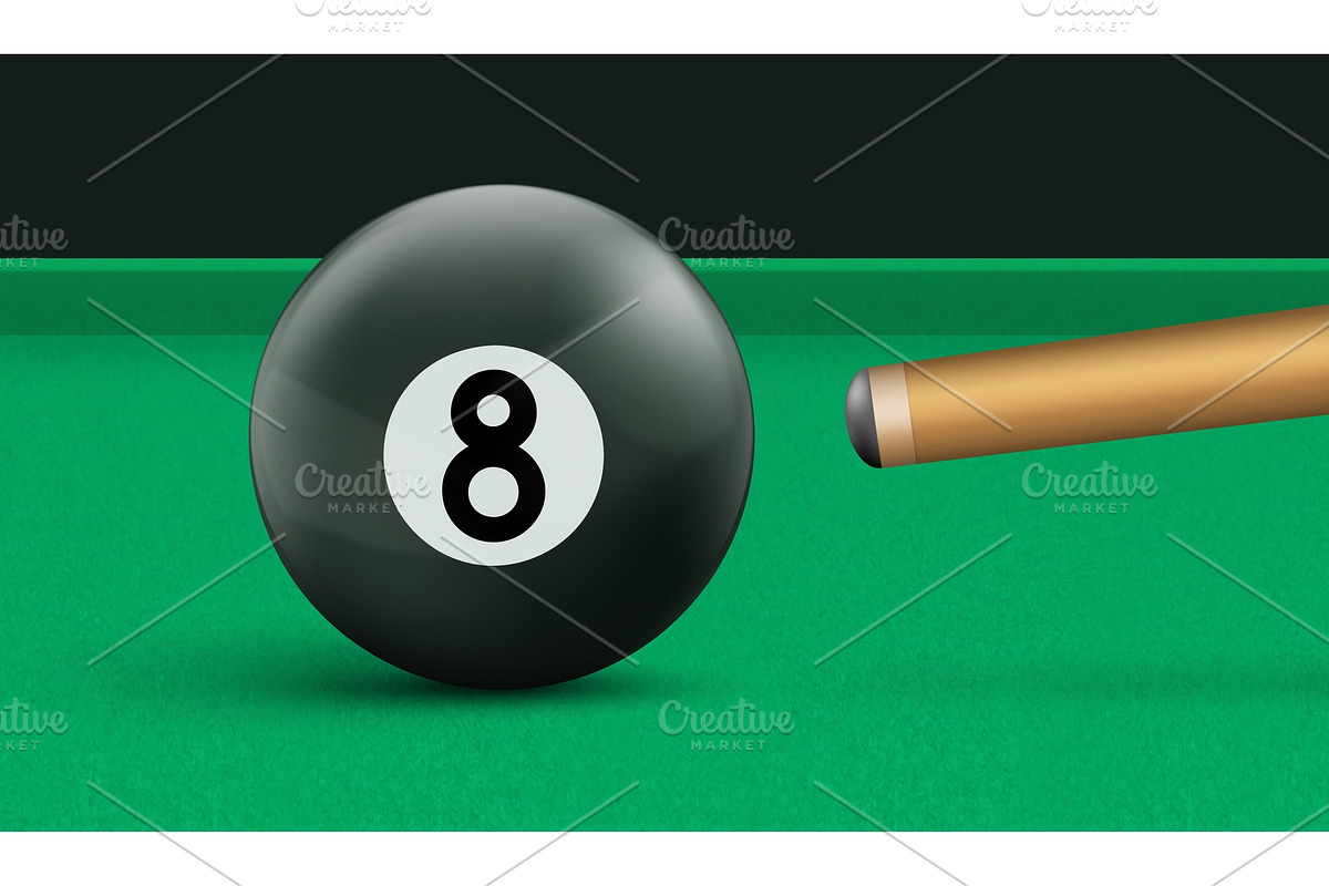 Billiard eight ball and cue on green in Objects - product preview 8