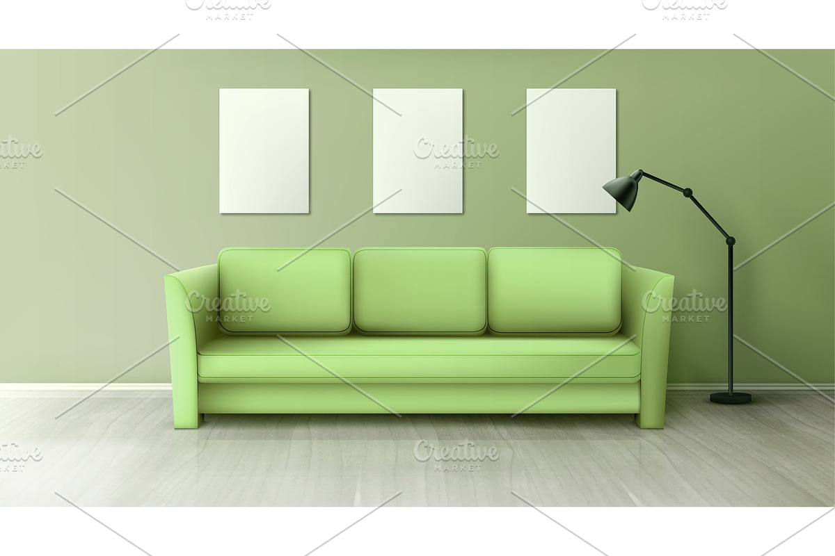 Interior with green sofa, lamp and in Objects - product preview 8