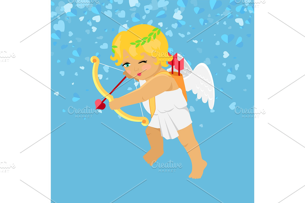 Valentine Blue Card, Cupid Aiming in Objects - product preview 8