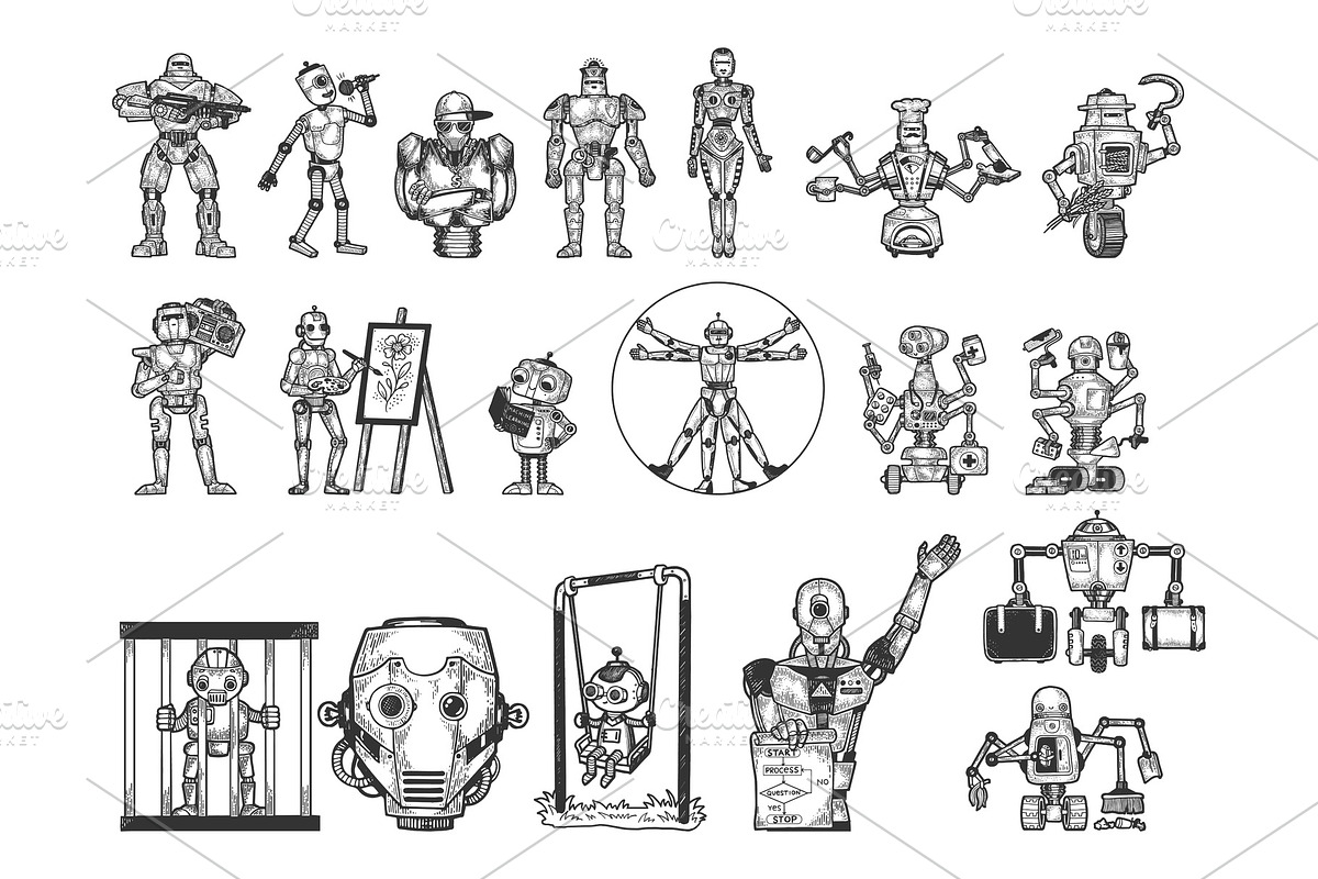 Robots set sketch vector in Illustrations - product preview 8