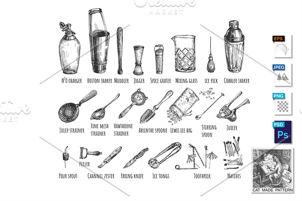 Bartender equipment and tools set