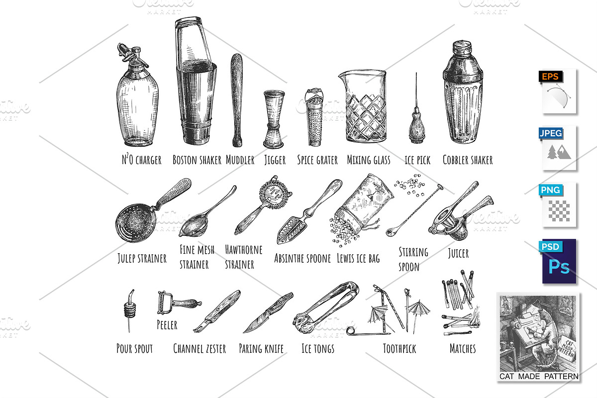 Bartender equipment and tools set in Illustrations - product preview 8