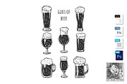Different beer glasses types icons