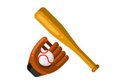 Icon of baseball glove, ball and bat