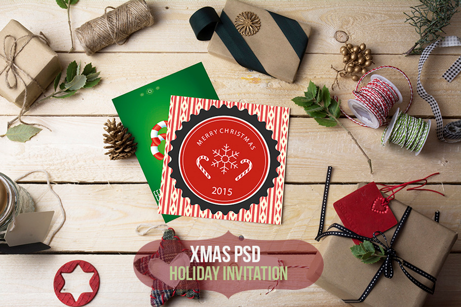 Xmas-Holiday invitation PSD mockup in Print Mockups - product preview 8