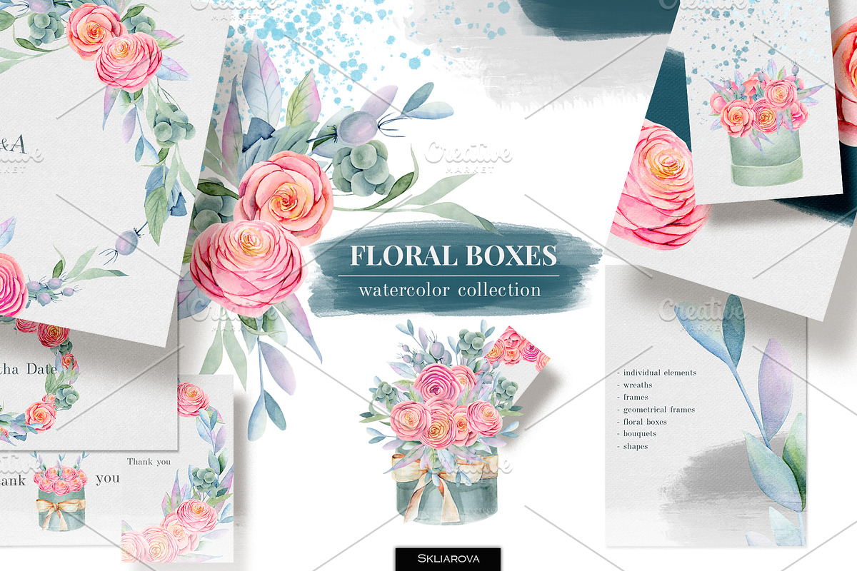 Floral boxes. Watercolor collection. in Illustrations - product preview 8