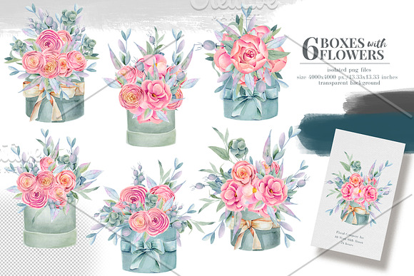 Floral boxes. Watercolor collection. in Illustrations - product preview 1