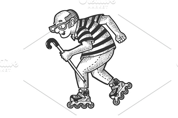 Old man rides on roller Skates