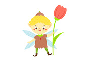 Cute garden elf boy with tulip