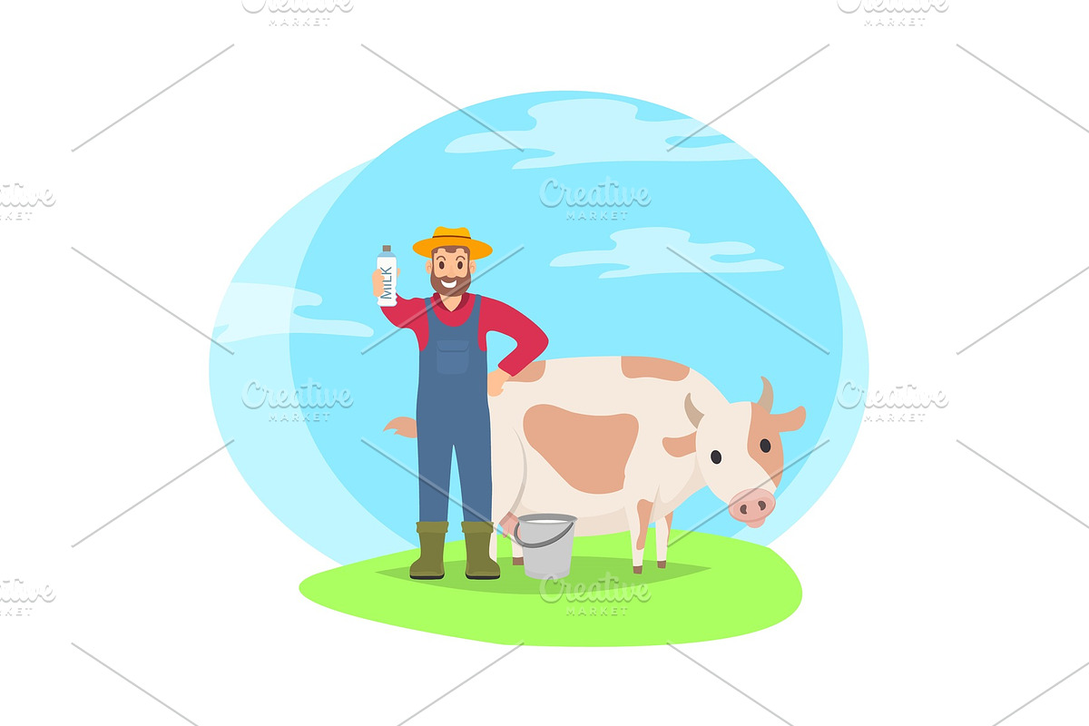 Farmer with Cow on Field Cartoon in Illustrations - product preview 8