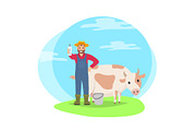 Farmer with Cow on Field Cartoon