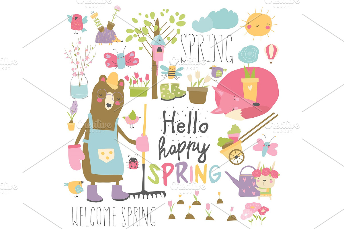 Set of cartoon animals and spring in Illustrations - product preview 8