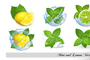 Mint and limon in splash of water