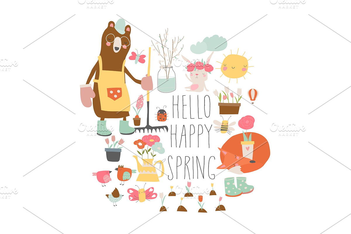 Set of cartoon animals and spring in Illustrations - product preview 8