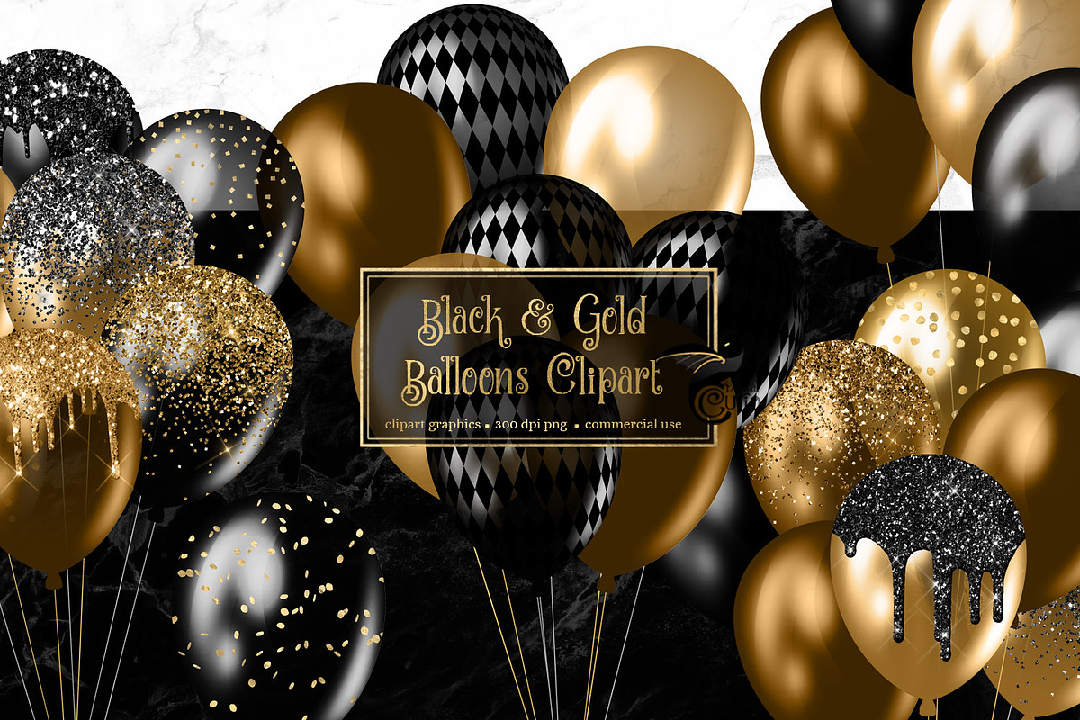 Black and Gold Balloons Clipart in Illustrations - product preview 8