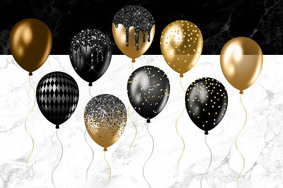 Black and Gold Balloons Clipart in Illustrations - product preview 1