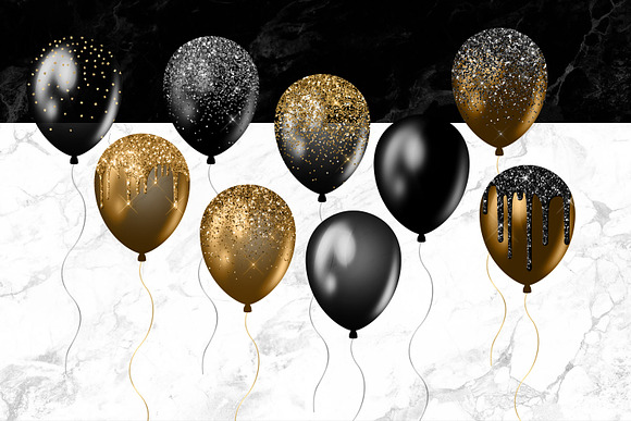 Black and Gold Balloons Clipart in Illustrations - product preview 2