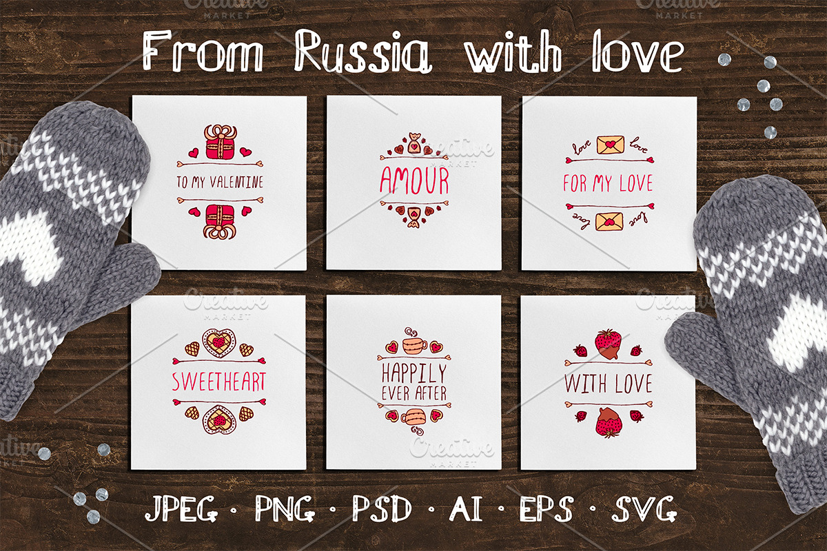 6 hand drawn Valentines's badges in Postcard Templates - product preview 8