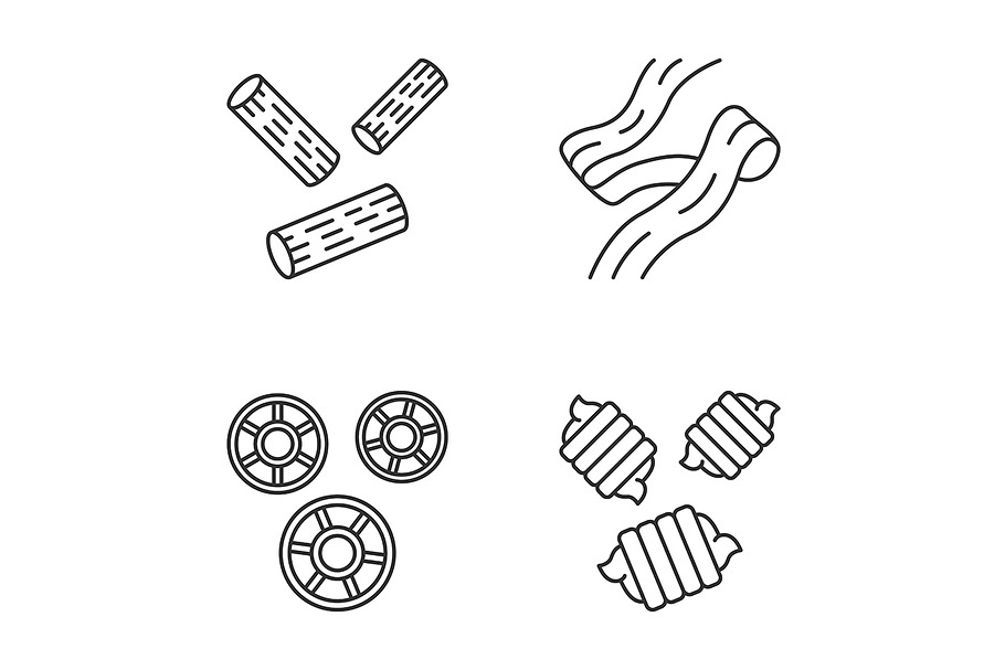 Pasta noodles types linear icons set