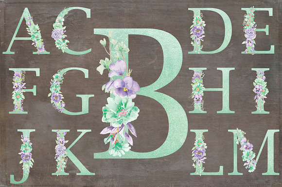 Violet and mint floral alphabet in Illustrations - product preview 2