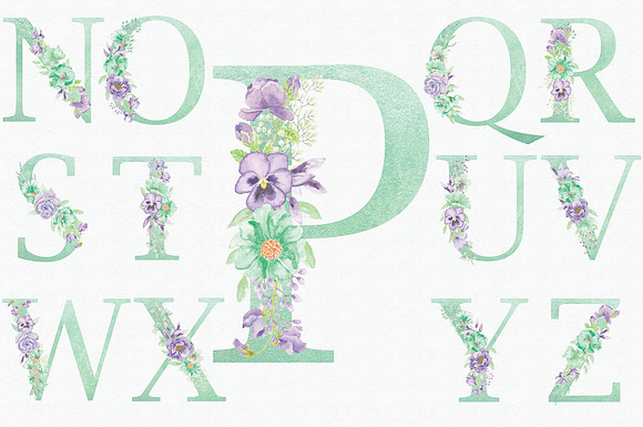 Violet and mint floral alphabet in Illustrations - product preview 4