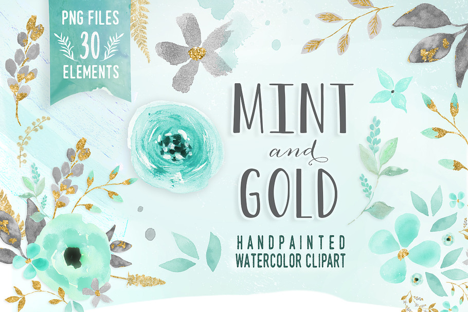 Mint & Gold -  flower clipart