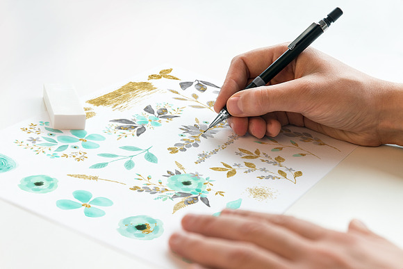 Mint & Gold -  flower clipart in Illustrations - product preview 1
