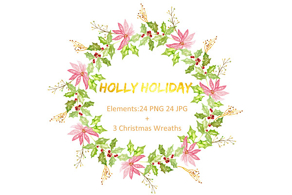 Holly Holiday. Watercolor Clipart.